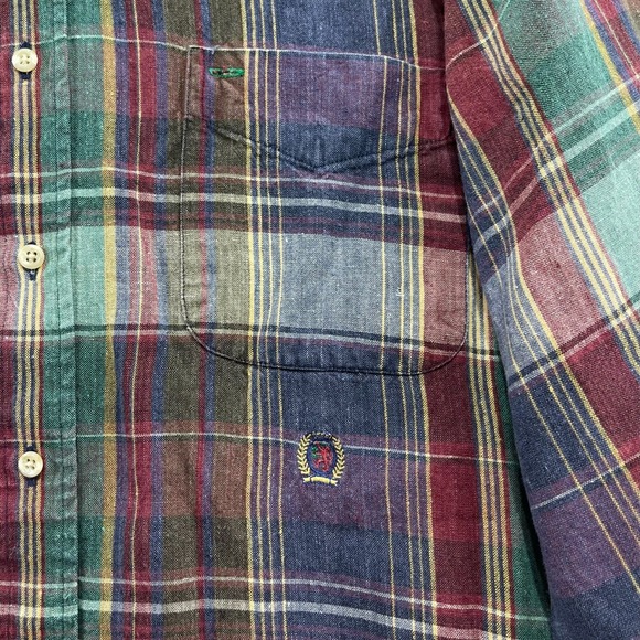 Tommy Hilfiger Shirt Large Button-Down Men's Purple Blue Green Red Plaid - Picture 7 of 15
